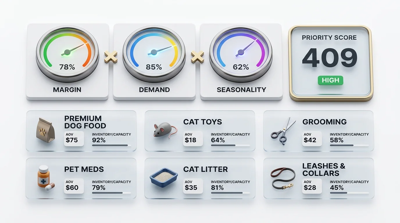 3D render of an isometric analytics dashboard for pet commerce prioritization. Three large circular gauges labeled 'Margin', 'Demand', and 'Seasonalit