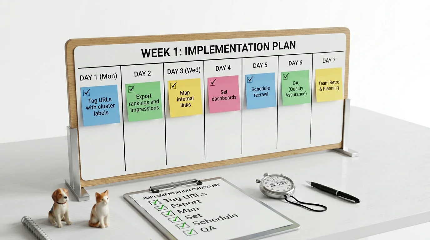 3D render of a one-week implementation board on a clean white desk. A freestanding weekly planner divided into seven columns (Day 1-Day 7) holds color