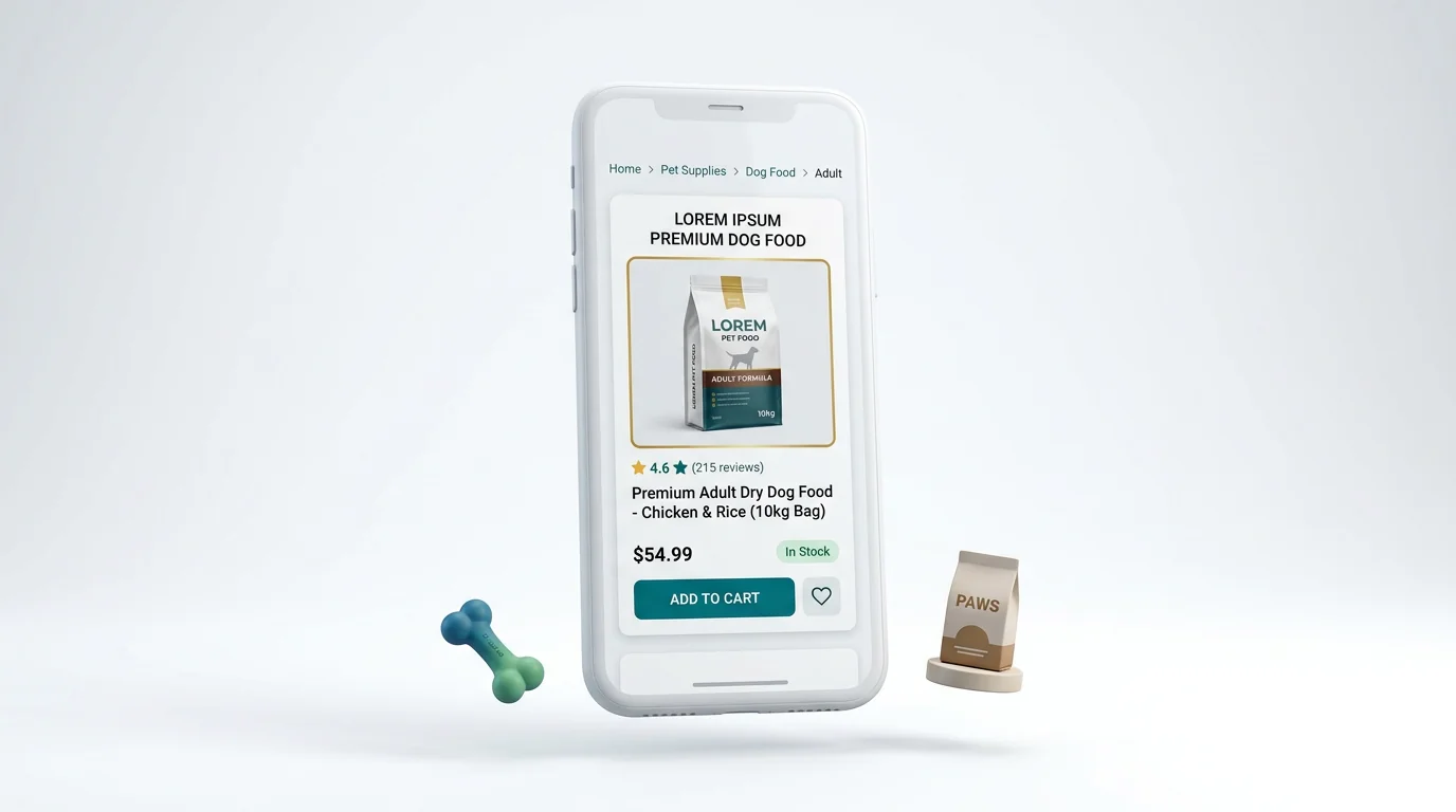 3D render of a clean mobile search results preview for a pet product catalog. A matte white smartphone floats centered, glossy glass screen showing a 