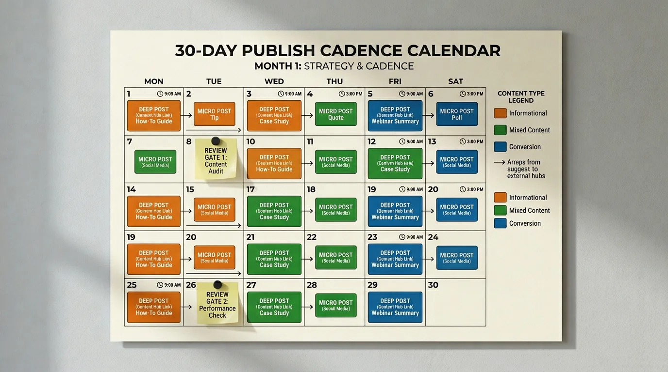 Front-facing 3D render of a 30-day wall calendar showing publish cadence. Colored blocks indicate three deep posts per week and smaller daily micro po