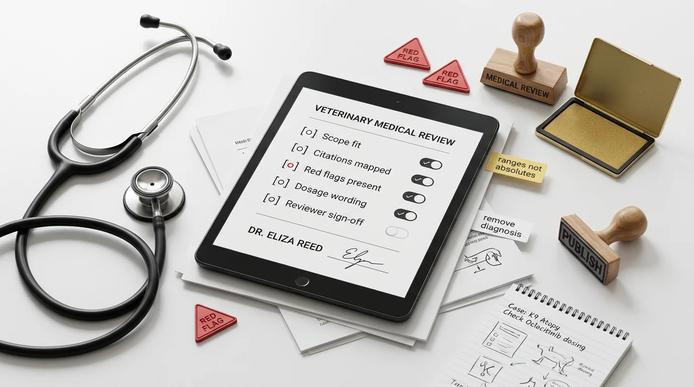 3D render of a medical review checkpoint desk scene for veterinary content. Center: a matte-black tablet displaying a minimalist checklist with toggle