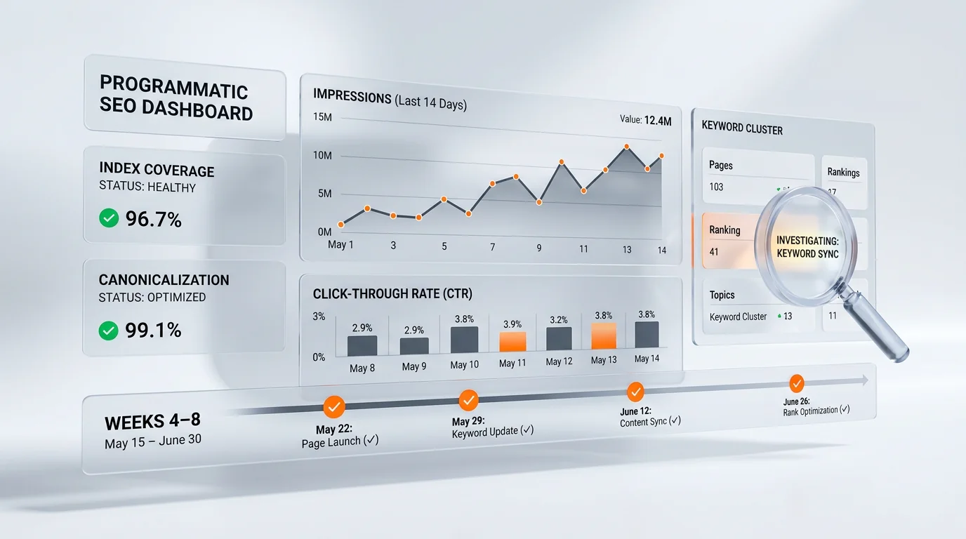 3D render of an analytics monitoring dashboard for programmatic SEO. Floating frosted-glass panels display: a line graph labeled 'Impressions' spannin