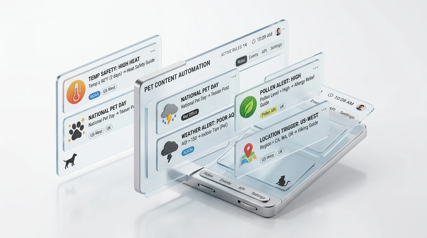 Isometric 3D render of a clean automation dashboard for pet content. Floating translucent glass panels display modular rule cards with crisp icons: th