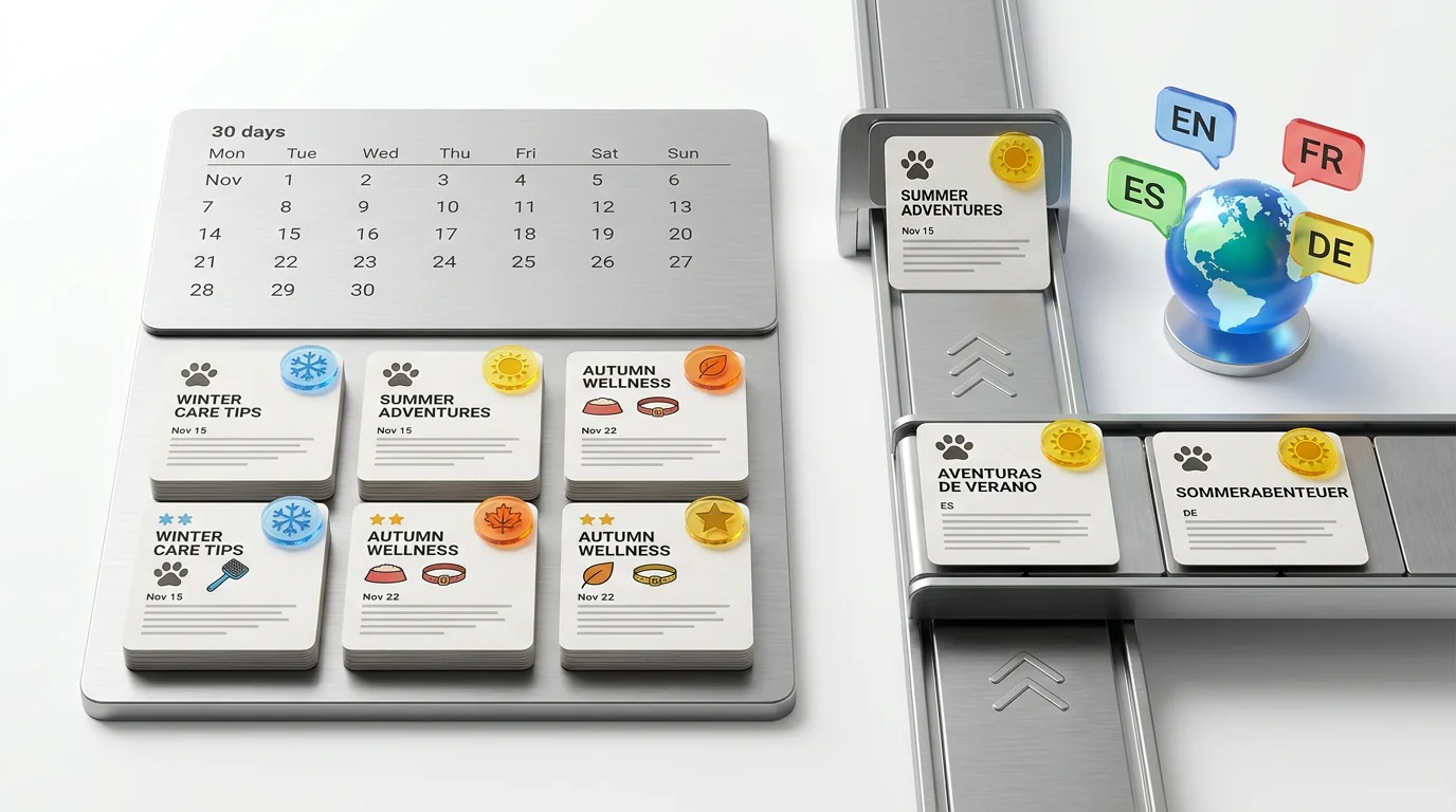 3D render of scalable content templates with seasonality and multilingual expansion. A neat grid of modular content cards sits atop a minimal 30-day c