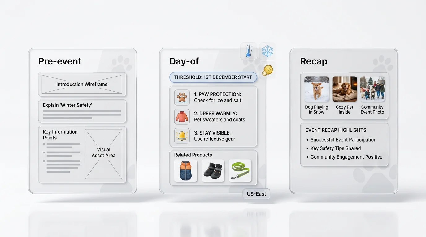 High-key 3D render of three floating content template cards for pet seasonal posts. Left card labeled 'Pre-event' shows explainer wireframe blocks; ce