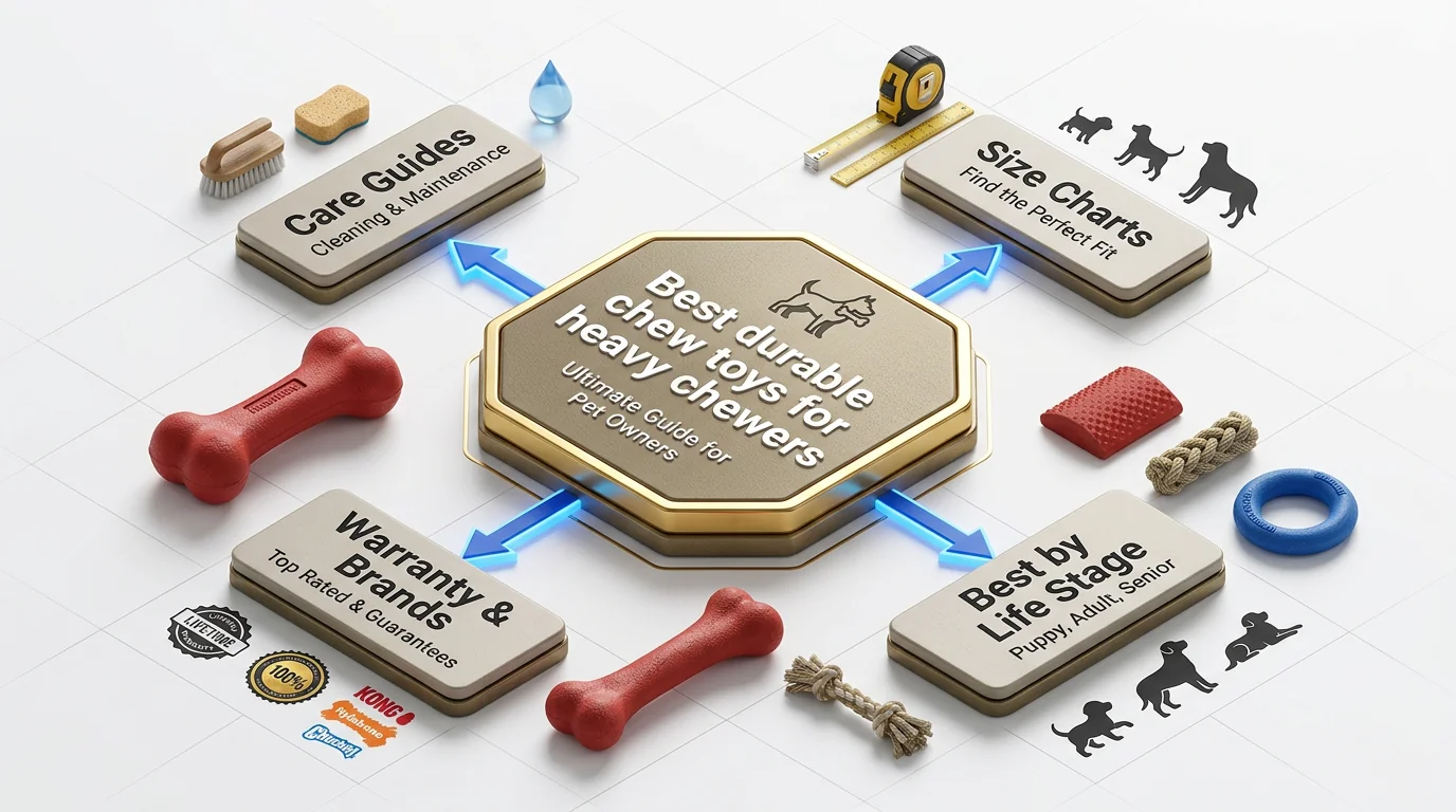 Isometric 3D render of a topical cluster for 'Indestructible Dog Toys': a large central tile titled 'Best durable chew toys for heavy chewers' with a 