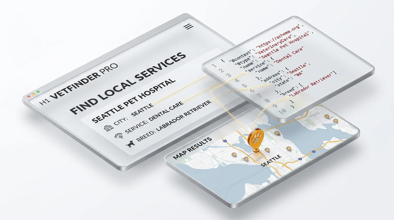 3D render of layered interface panels showing entity alignment: a frosted-glass web page panel with bold H1 and service headings, a separate code tile