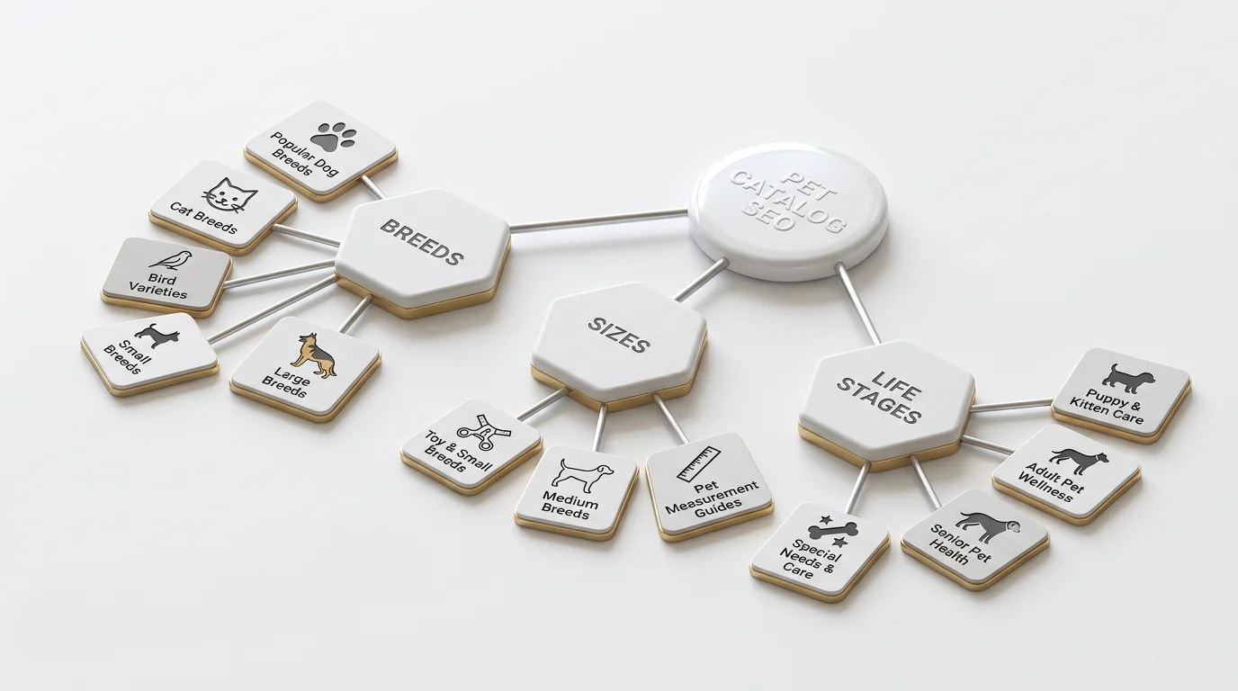 3D isometric render of a branching site map for a pet catalog SEO strategy. A central glossy-white tile with subtle embossed label 'Pet Catalog SEO' c