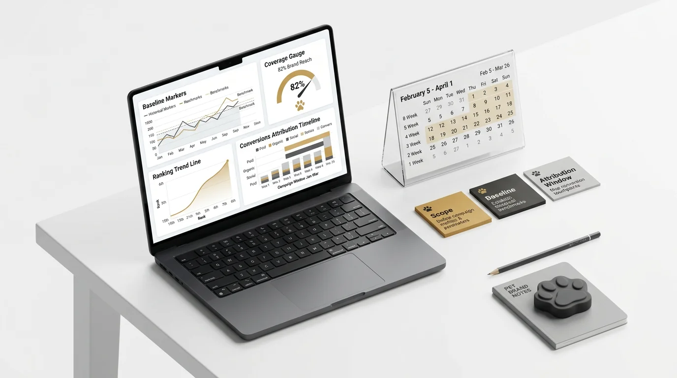 3D render of a minimalist analytics workspace for a pet brand. A sleek anodized aluminum laptop open at 110 degrees on a white desk, screen showing cl