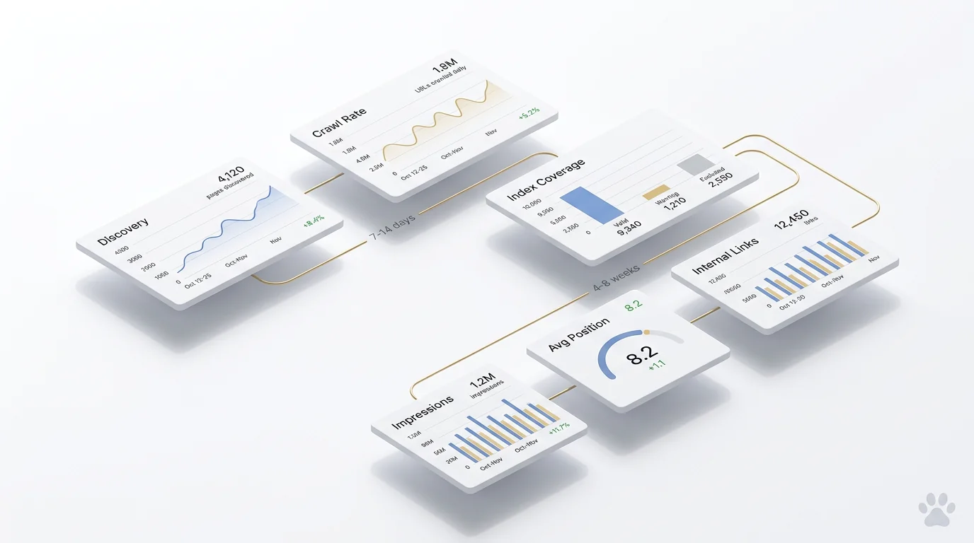 3D render of an SEO monitoring dashboard: floating matte-white cards with minimal line charts, bar charts, and gauges labeled 'Discovery', 'Crawl Rate