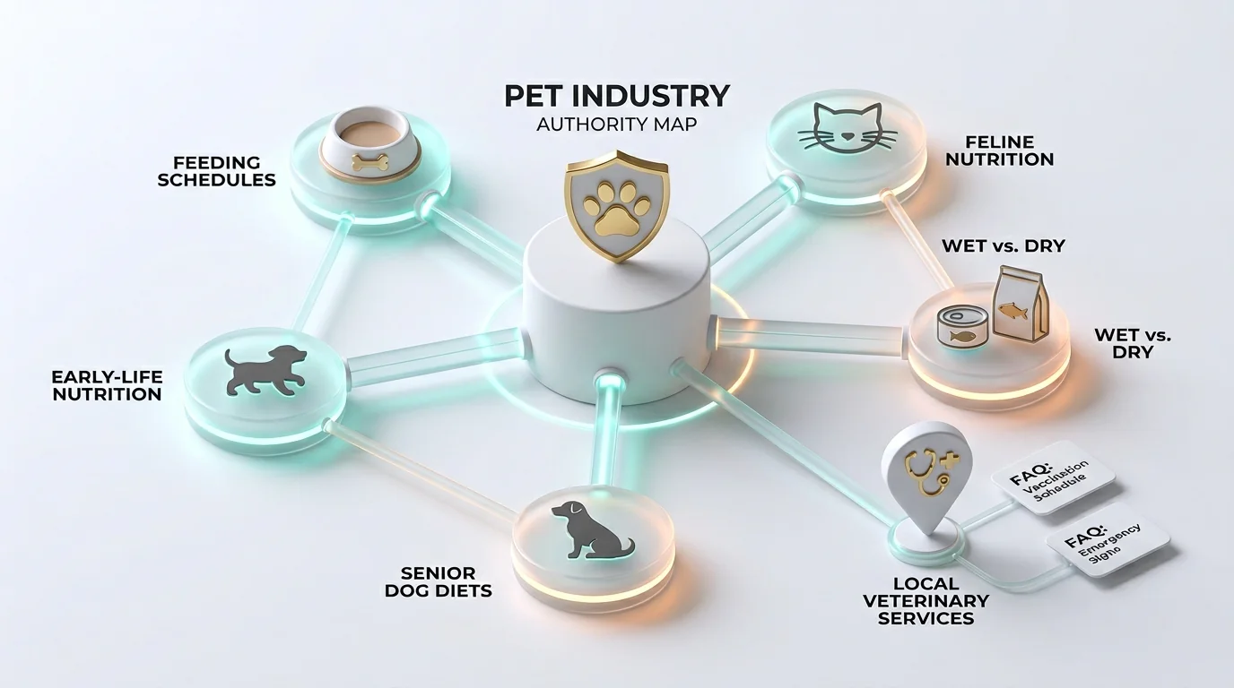 3D isometric render of a topical authority map for the pet industry: a central matte-white pillar node with a gold paw icon, surrounded by neatly arra