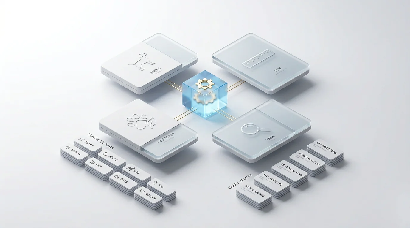 Isometric 3D render of a modular SEO template rules engine for pet catalogs. Floating matte-white and frosted-glass UI panels arranged in a tidy grid,