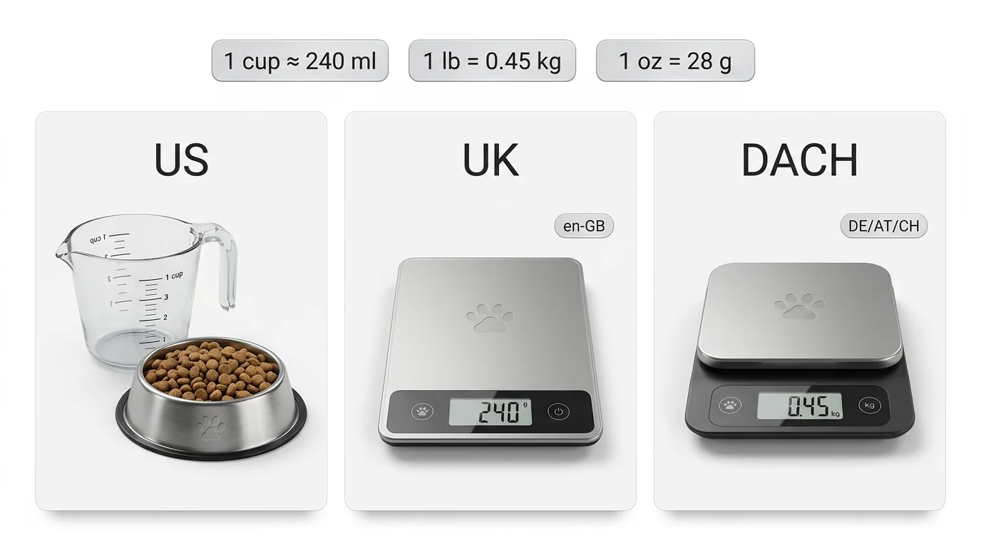 3D render on a pure white background showing side-by-side unit conversion examples for pet content across regions. Left panel titled 'US': a transpare