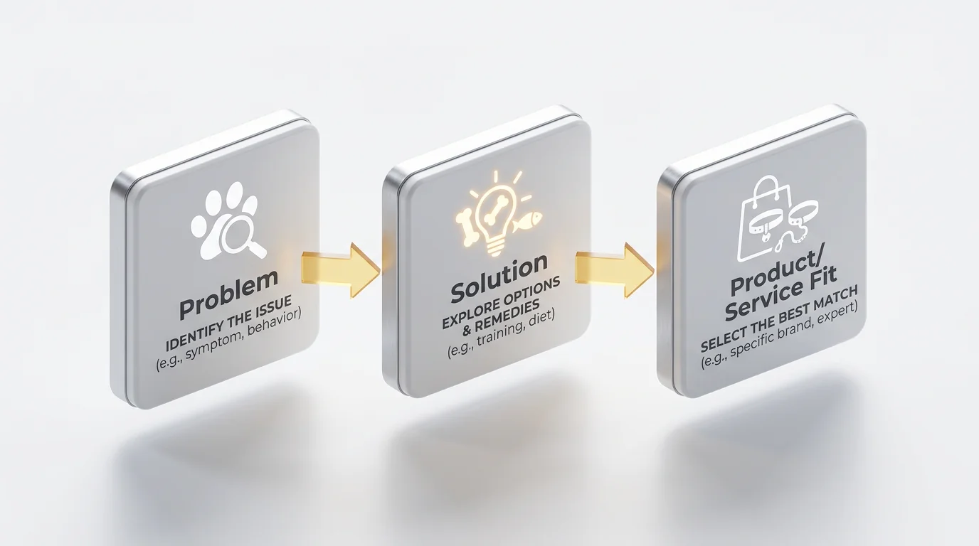 3D isometric render of a clean decision pathway for pet owners: three floating rectangular tiles labeled 'Problem', 'Solution', and 'Product/Service F