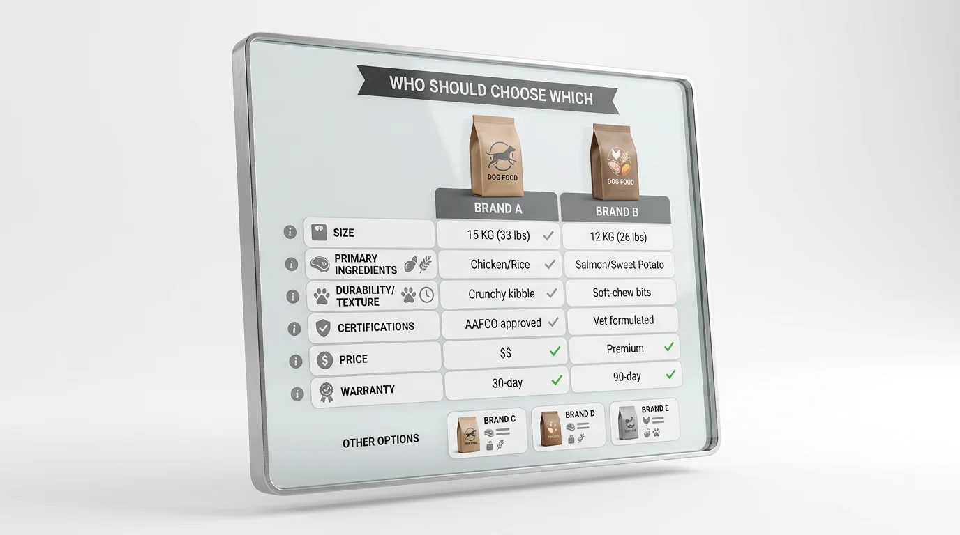 3D render of a sleek head-to-head comparison layout on a slightly tilted floating glass screen with a brushed aluminum edge, studio lighting, white ba