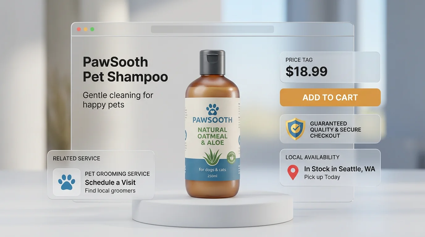 3D render of an eCommerce product page with local trust signals: a floating browser window card showing a pet shampoo bottle (semi-transparent PET pla