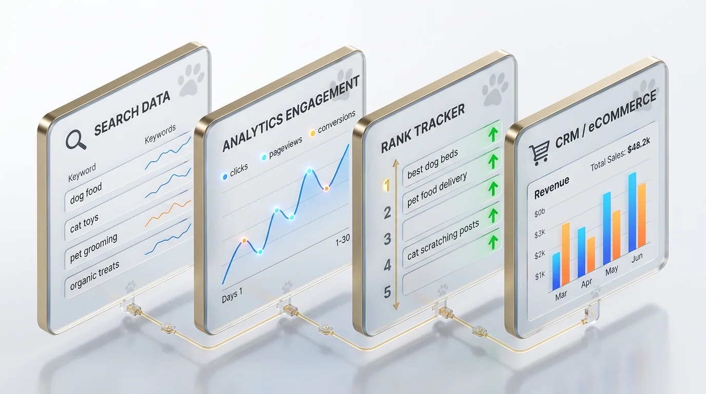 3D render of a layered reporting stack represented as floating frosted-glass panels arranged left-to-right. Panel 1: search data with a magnifying-gla
