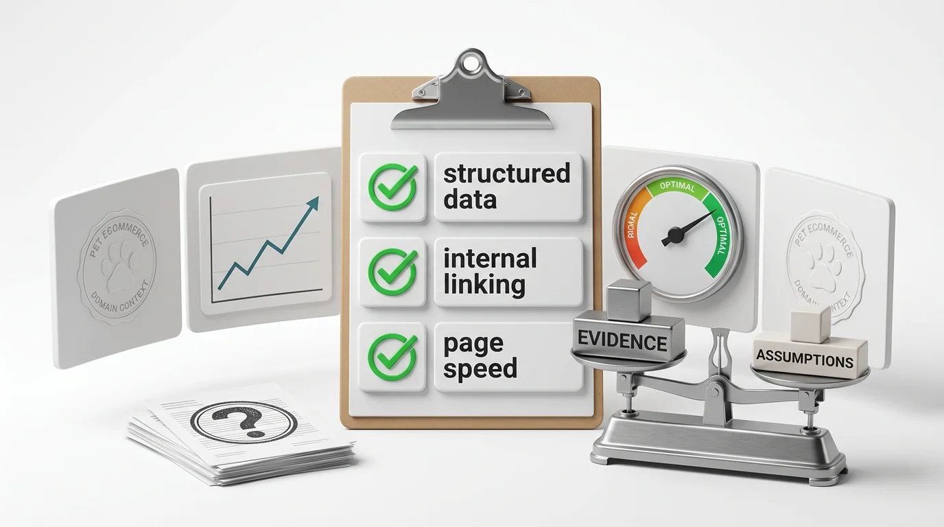 3D render illustrating SEO evidence vs. assumptions for pet eCommerce. Central clipboard with checklist tiles (structured data, internal linking, page