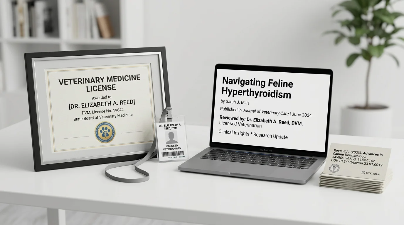 Clean, professional 3D render of a veterinary credibility scene on a white desk: a framed veterinary license certificate with a subtle paw-and-rod-of-