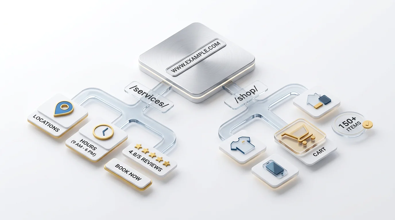 Isometric 3D render of a website architecture split: a central top-level domain tile (brushed aluminum, engraved URL bar) branching into two glossy su
