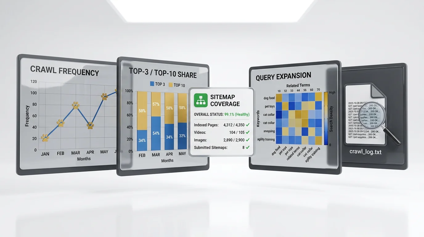 Professional 3D render of a floating analytics dashboard for pet SEO monitoring on a white background. Panels arranged left-to-right show: a line char