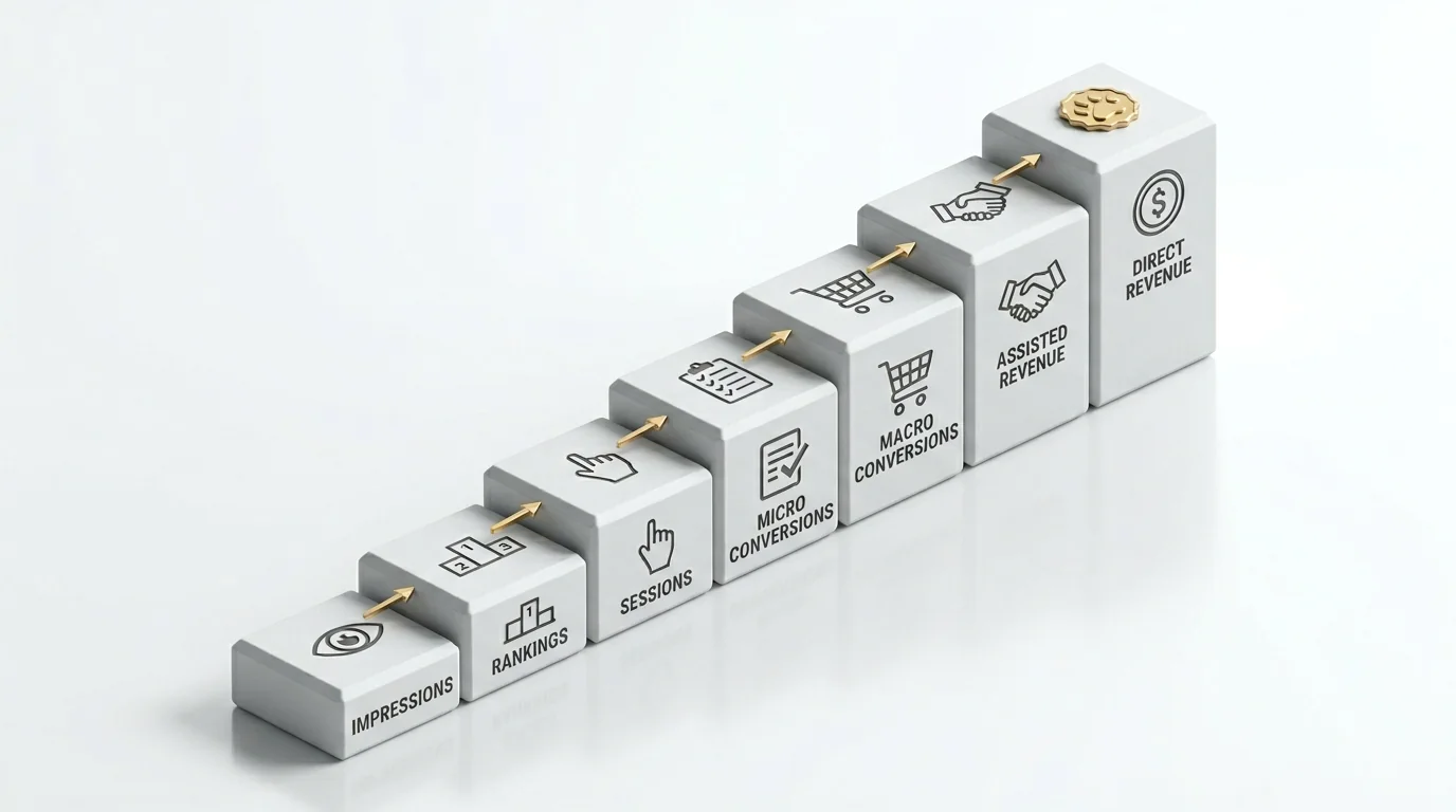 3D render of an ascending ladder made of matte white blocks progressing left to right, each step subtly engraved with analytics icons and short labels