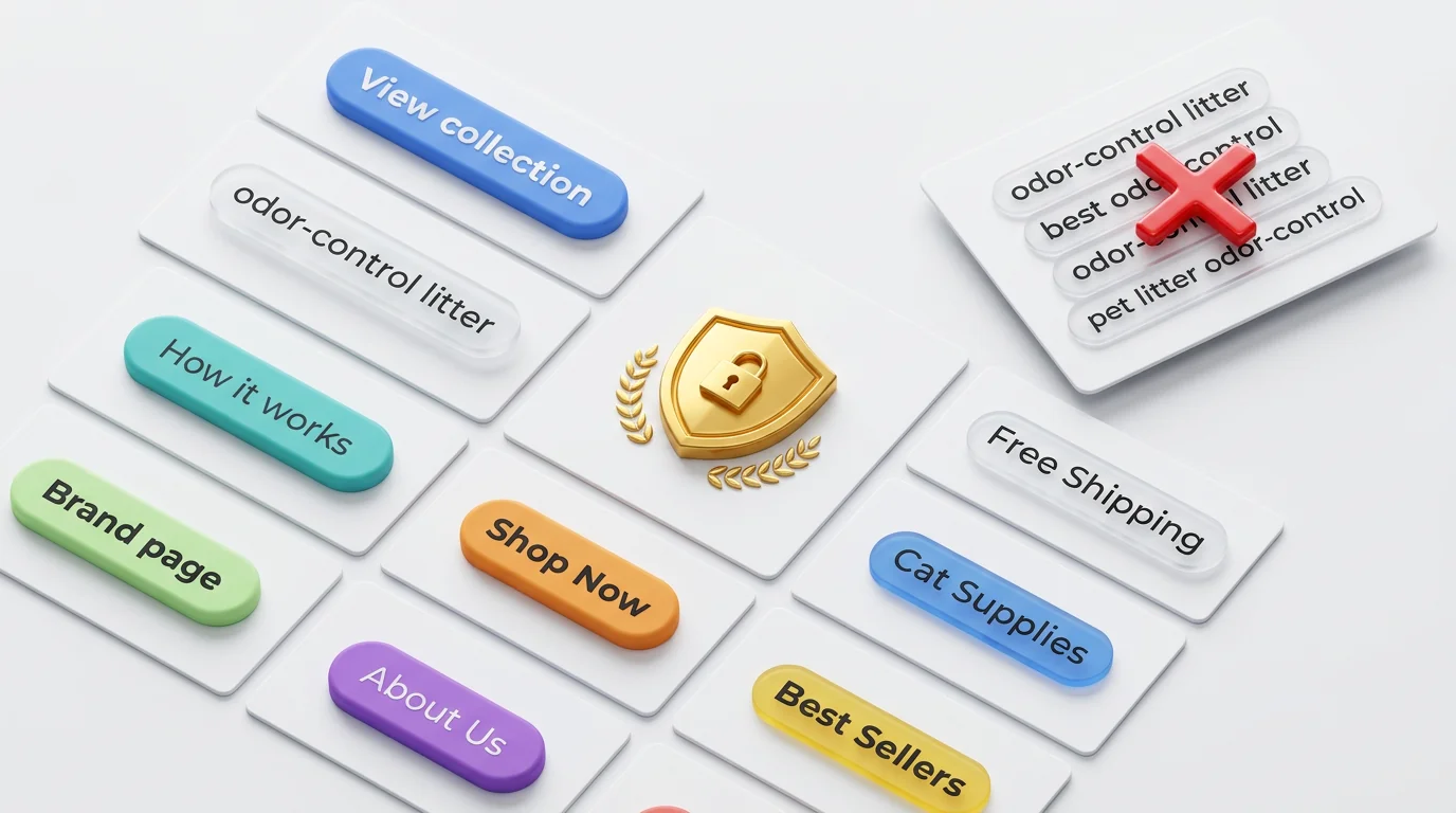 3D render of mixed anchor text examples arranged on a tidy grid: pill-shaped buttons and text tags reading 'odor-control litter', 'Brand page', 'View 