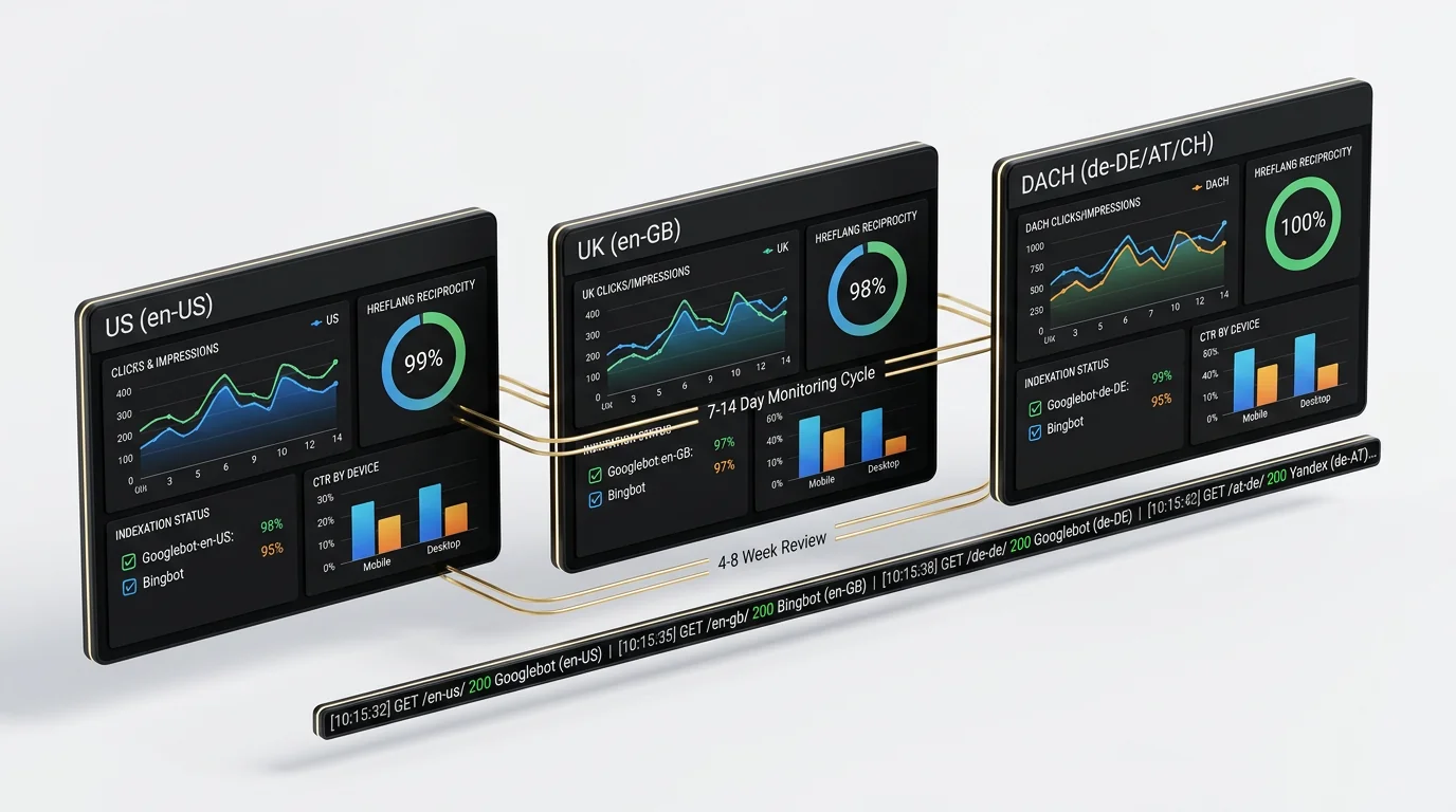3D isometric render of a multilingual SEO monitoring dashboard array. Three floating widescreen panels labeled US (en-US), UK (en-GB), and DACH (de-DE