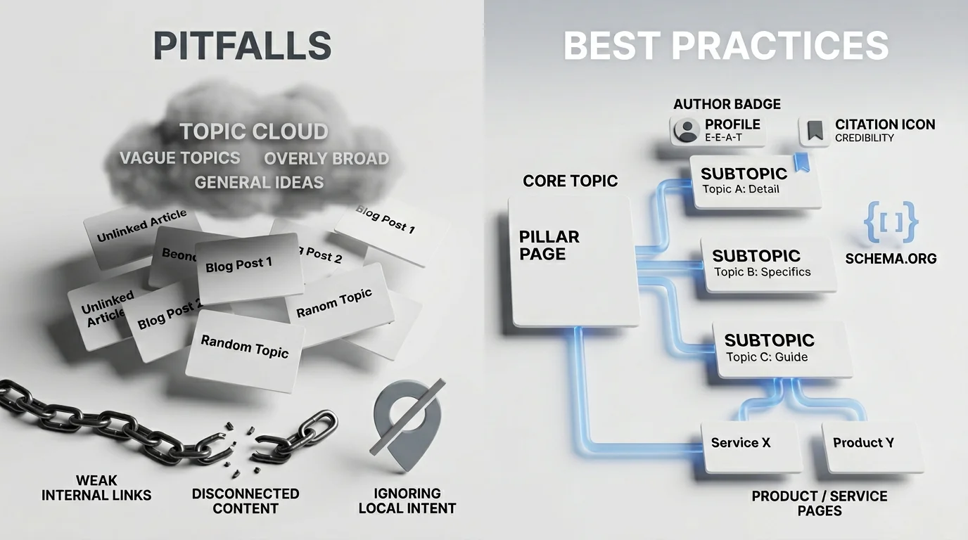3D split-scene render contrasting pitfalls vs best practices: on the left, scattered white content cards with no connectors (orphan posts), an oversiz