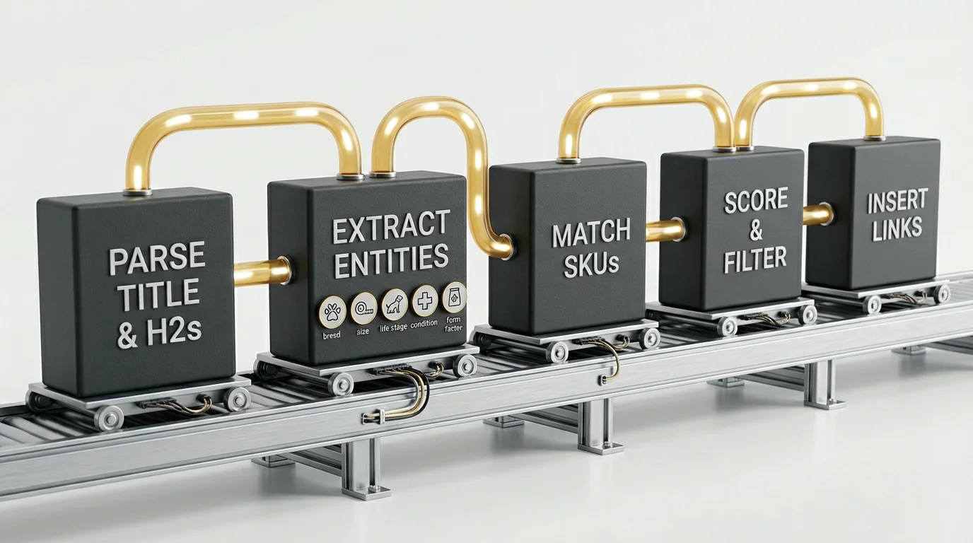 3D render of a left-to-right processing pipeline: five matte blocks on a conveyor-like track labeled 'Parse title & H2s', 'Extract entities', 'Match S