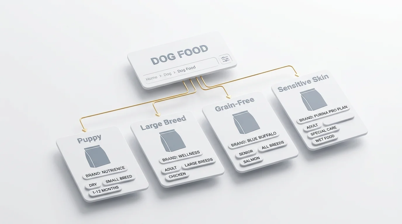 Isometric 3D render of a clean pet eCommerce taxonomy map on a white seamless background. Central parent card labeled 'Dog Food' (matte white card wit