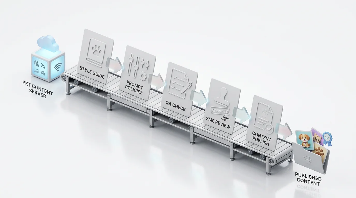 3D isometric render of an automation governance pipeline for pet content. Left-to-right conveyor of matte white cards marked with embossed icons: book