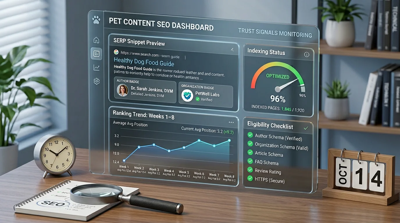 Isometric 3D render of a monitoring dashboard for pet-content SEO and trust signals: floating glass UI panels showing a SERP snippet preview with auth