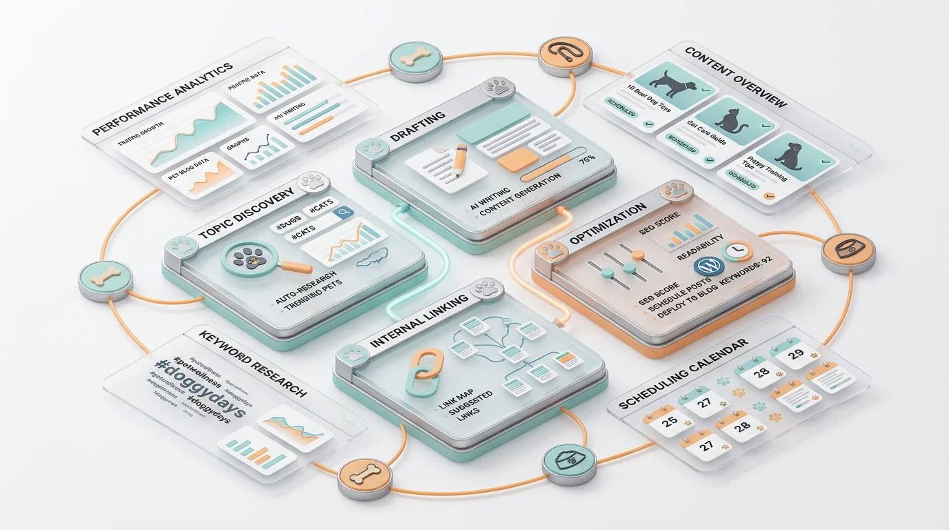 Isometric 3D render of an AI-powered pet content automation pipeline dashboard. Floating panels show a simple pipeline: topic discovery, drafting, opt