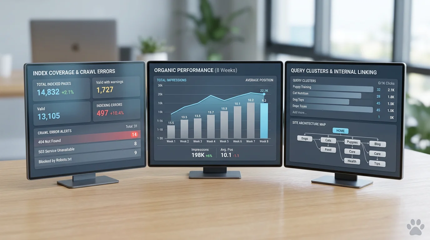 3D render of a tri-screen analytics dashboard on a clean surface. Left panel: index coverage cards and crawl error alerts. Center panel: line chart fo
