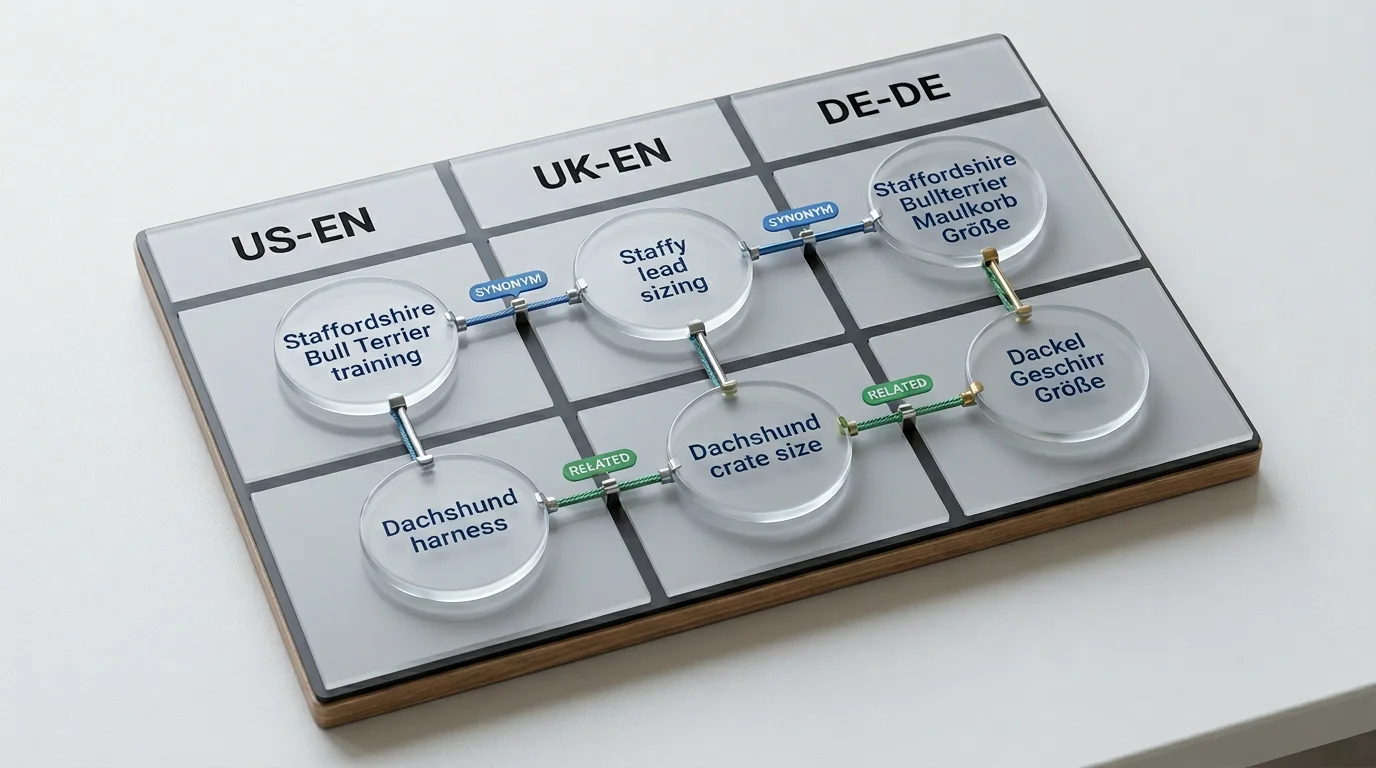 Top-down isometric 3D render of a spreadsheet-like board for term mapping with three columns labeled US-EN, UK-EN, and DE-DE. Rows show sample entries