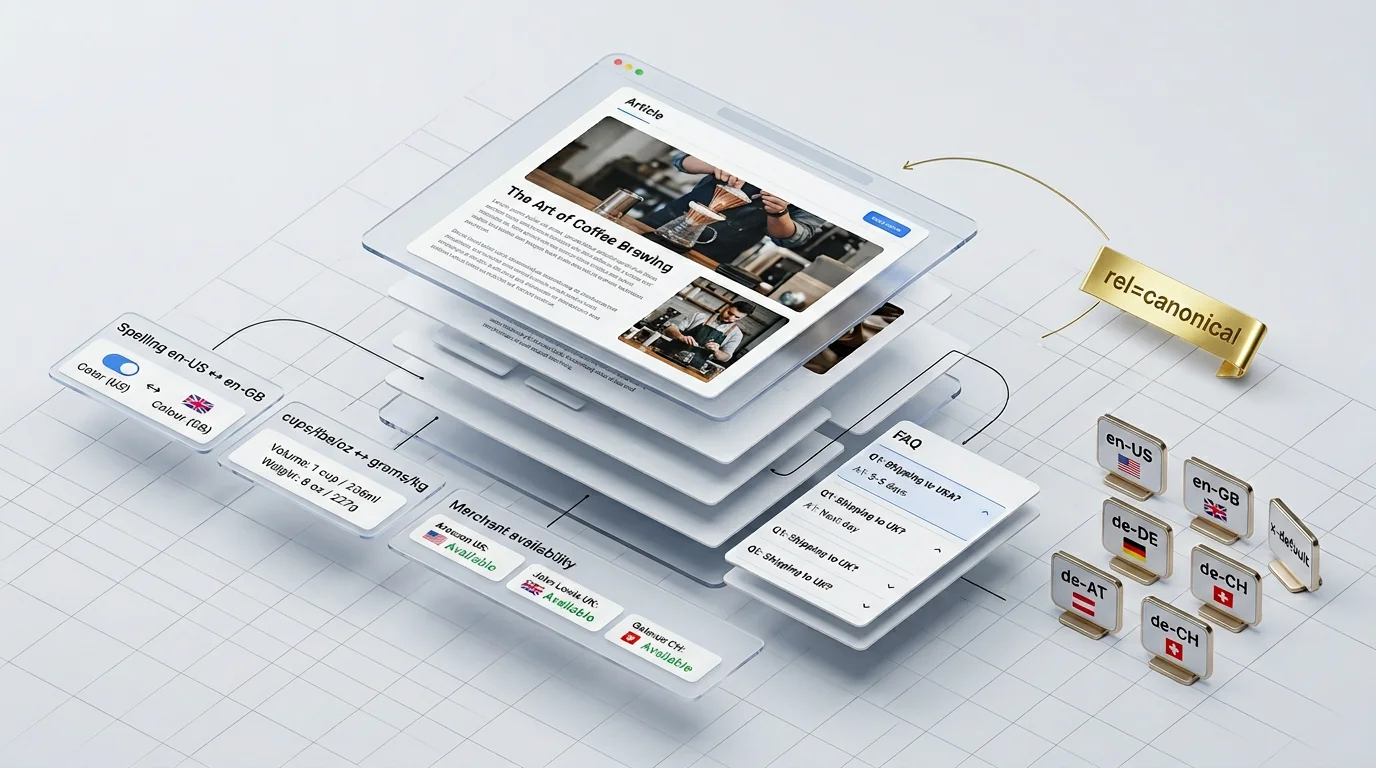 3D isometric exploded-view render of a modular web page demonstrating localization without duplicate pages. A primary glassy browser frame labeled 'Ar