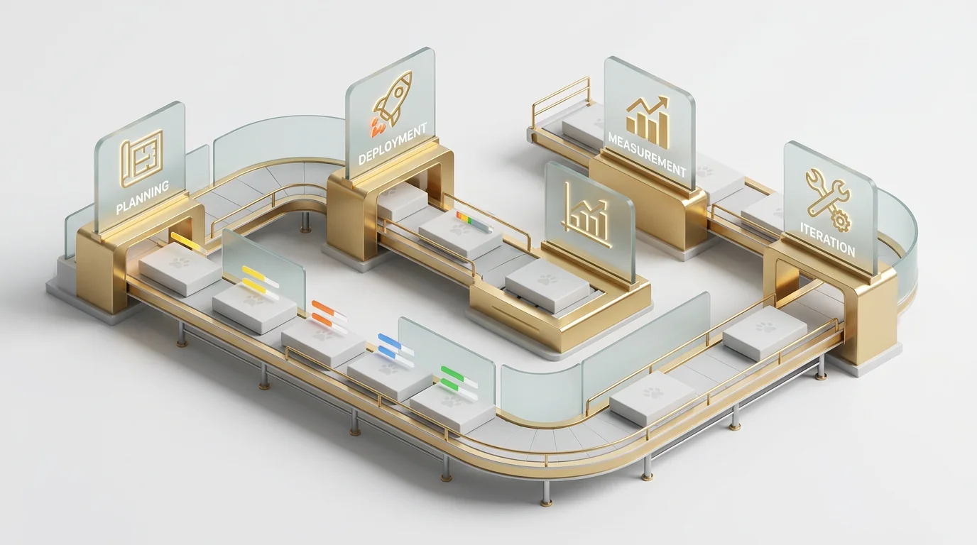 Isometric 3D render of a governance and rollout pipeline for programmatic pages. A smooth conveyor-like path with four gold-accented stations featurin