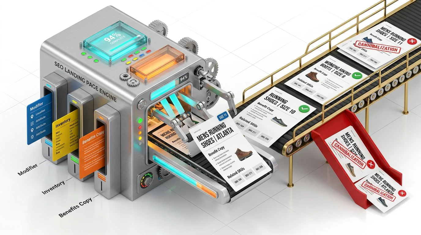 Isometric 3D render of a sleek template engine assembling SEO landing pages. Left: input modules labeled 'Modifier', 'Inventory', 'Benefits Copy' feed