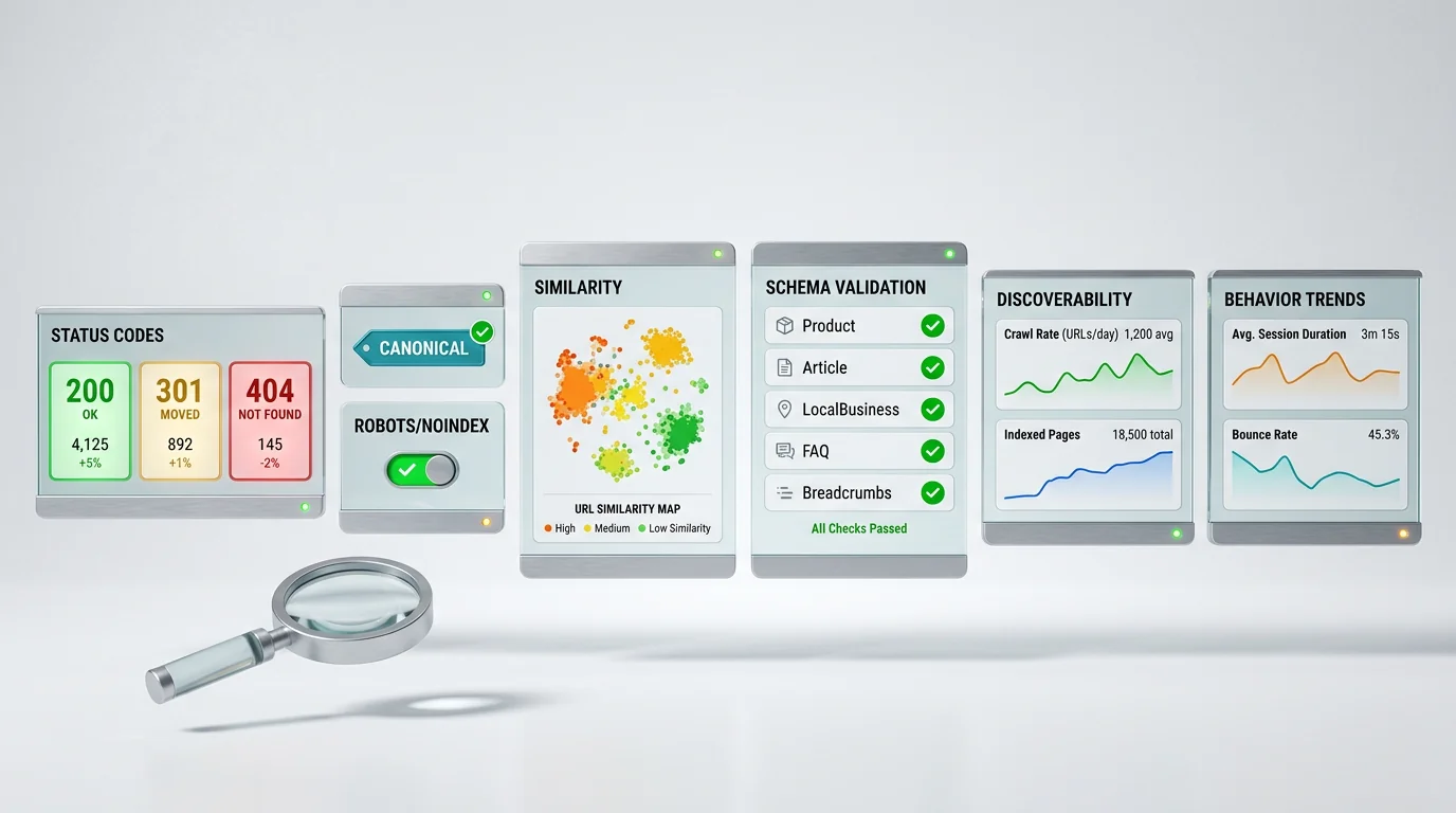 3D render of a technical monitoring dashboard arranged left-to-right on a white studio backdrop. Floating glass panels display: status code tiles '200