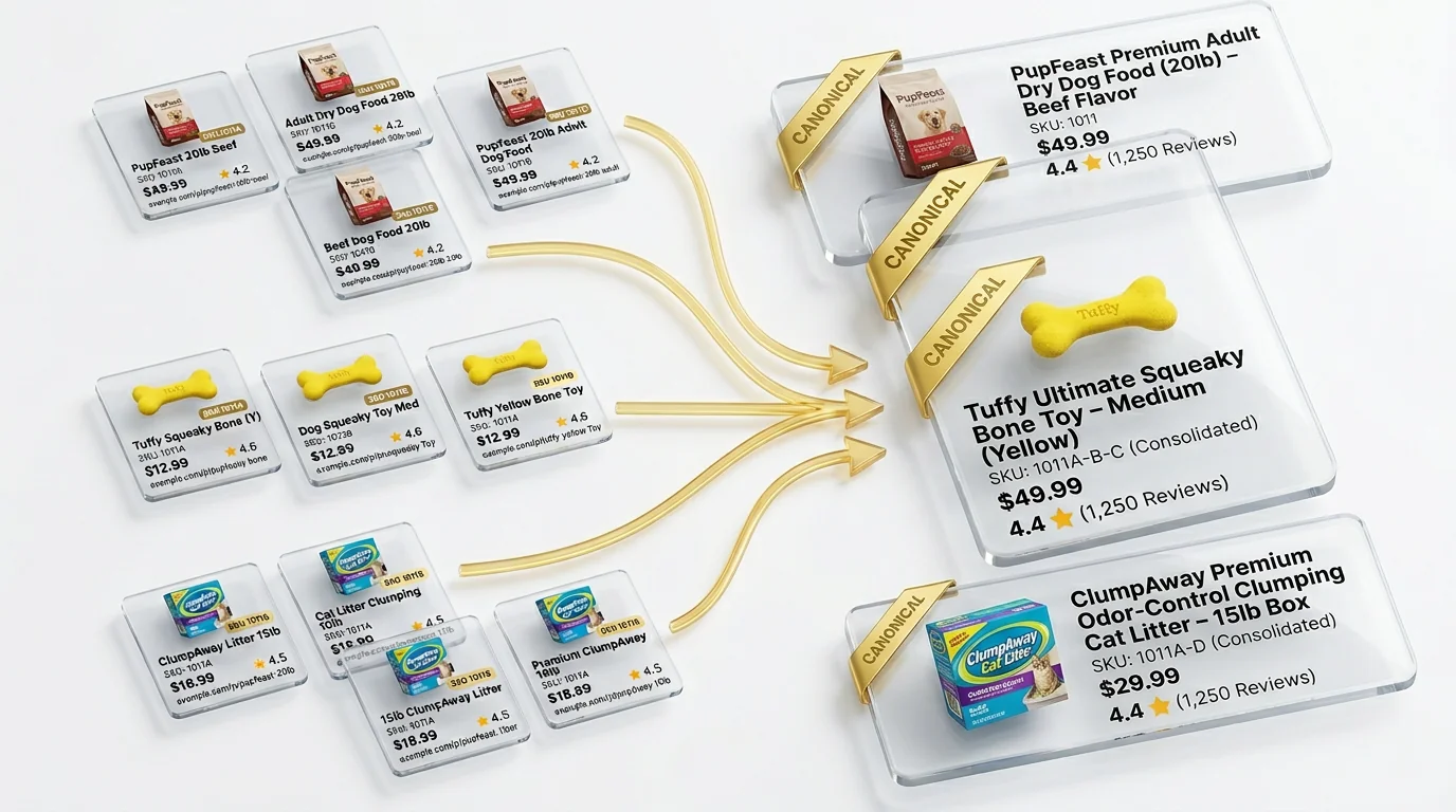 Isometric 3D render of an e-commerce pet catalog showing duplicate product cards merging into a single canonical product. Left side: three clusters of