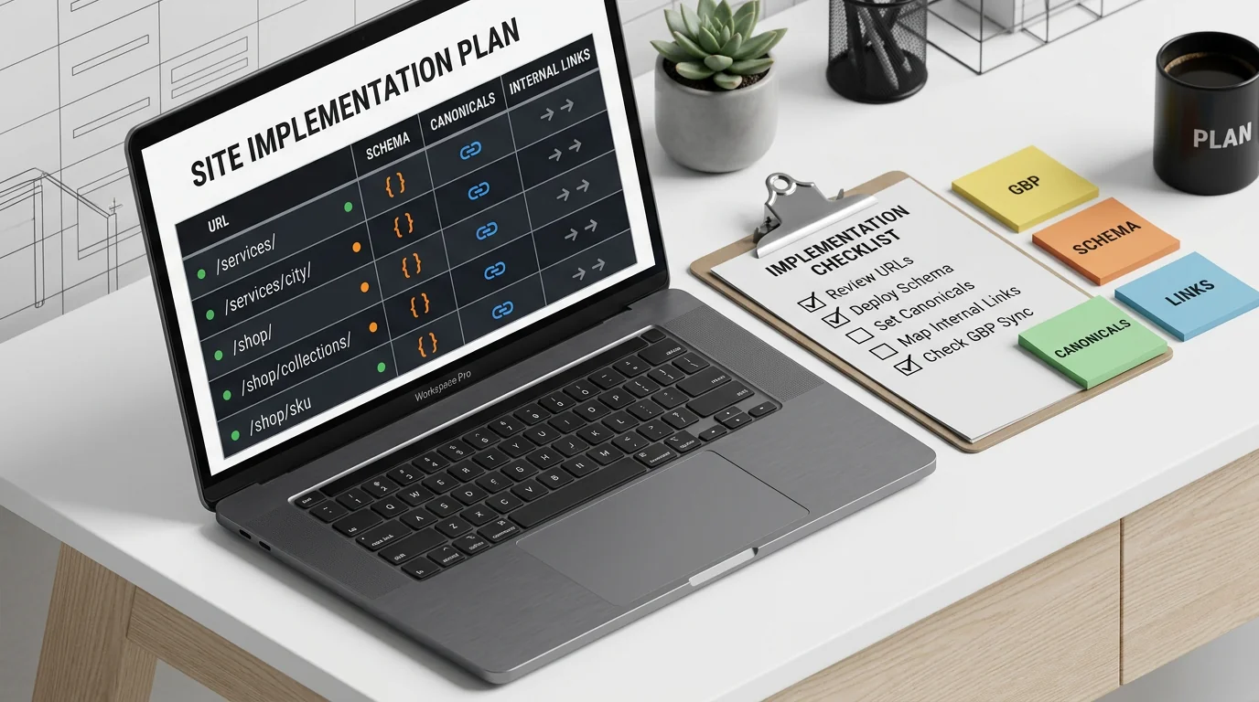 Isometric 3D render of a planning workspace for site implementation: a laptop displays a minimalist spreadsheet grid with rows of URL tiles ('/service