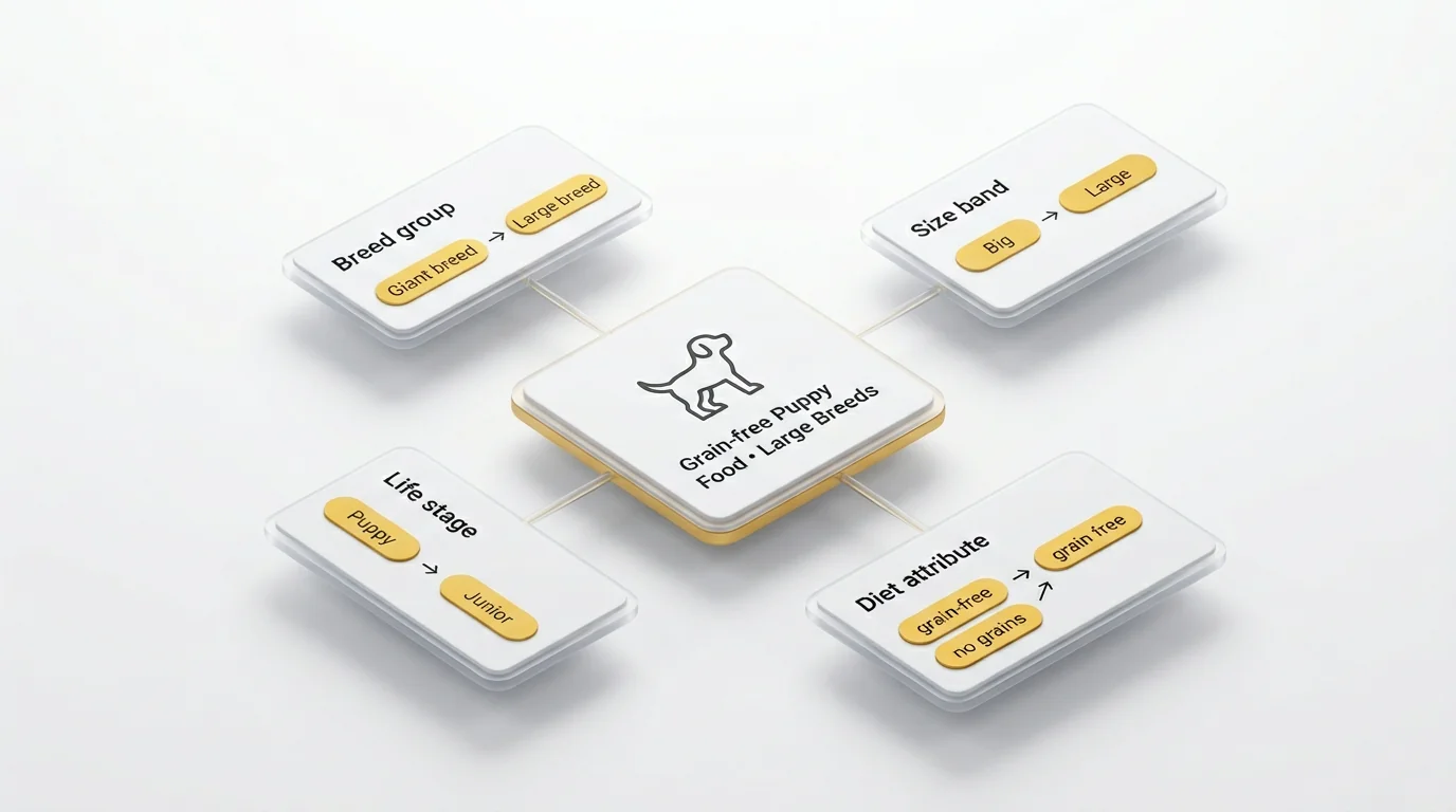 3D render of a modular SEO template workspace on a seamless white studio background. Centered primary tile reads 'Grain-free Puppy Food • Large Breeds