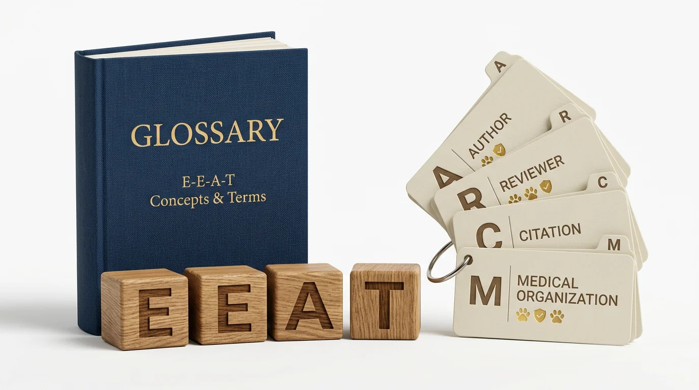 Studio 3D render of an E-E-A-T glossary concept: a clothbound book embossed 'Glossary' beside four wooden blocks engraved 'E', 'E', 'A', 'T', and a fa
