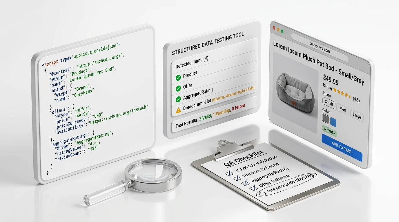 3D render of a structured data QA workflow on a pristine white surface. Three floating panels arranged left-to-right in isometric view: (1) a JSON-LD 