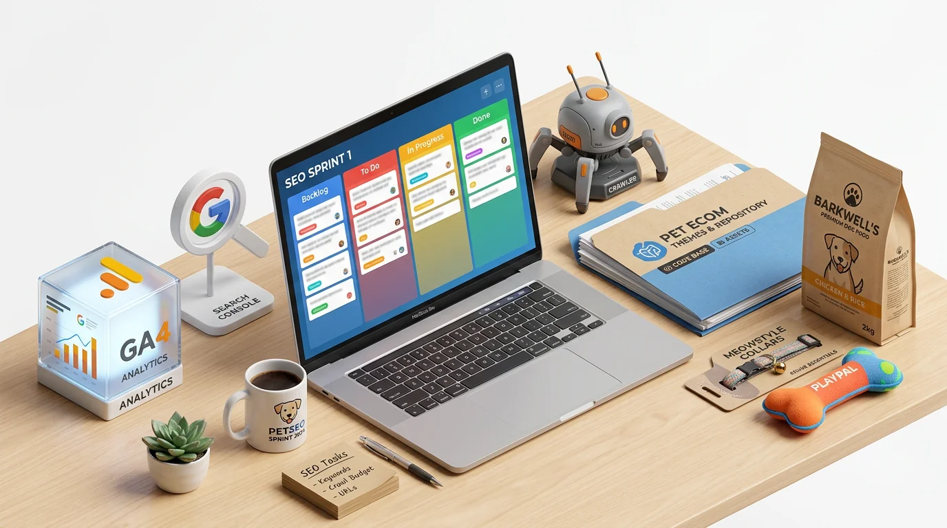 Isometric 3D render of a clean project kickoff desk for a pet eCommerce SEO sprint. Central open laptop displaying a kanban-style sprint board (multip