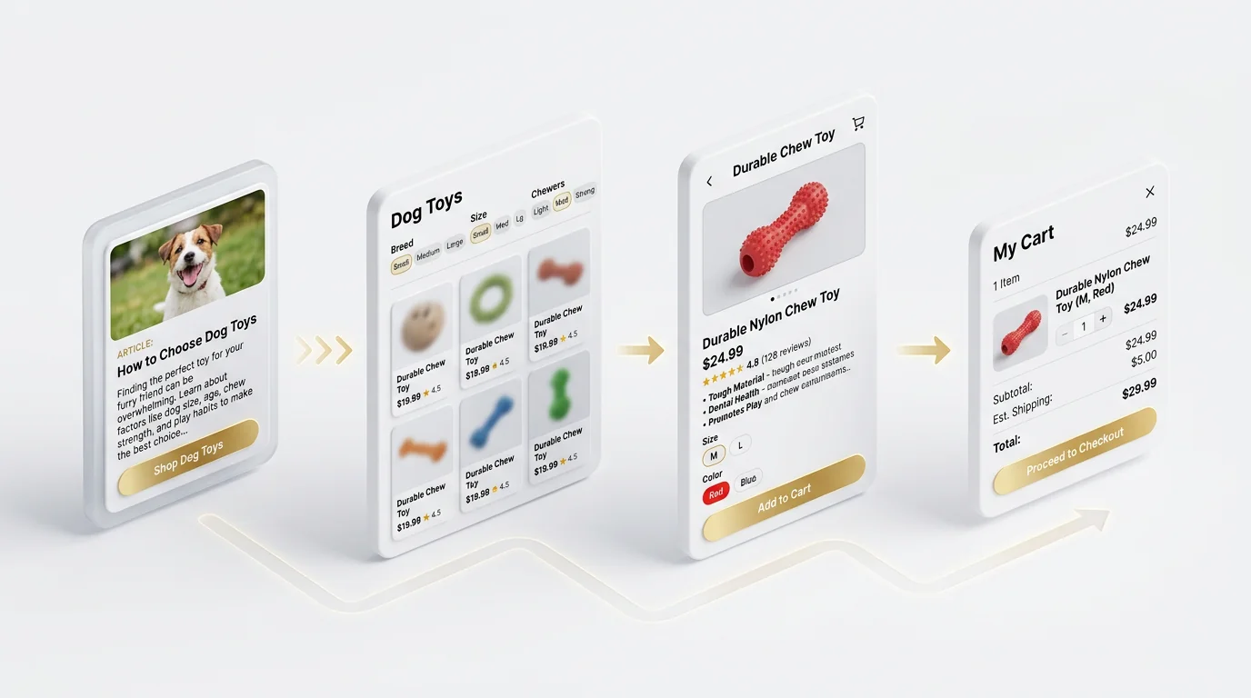 Clean professional 3D render of a pet-store conversion path as floating UI panels in isometric view on a white background. Four panels arranged left-t