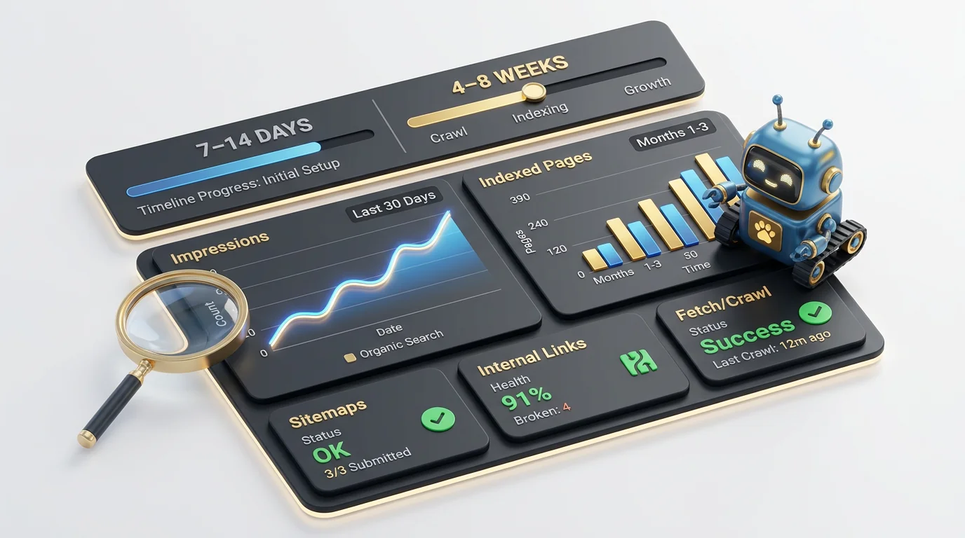 3D render of a monitoring dashboard for early and mid-term SEO checks. A main timeline band across the top shows markers '7-14 days' and '4-8 weeks'. 