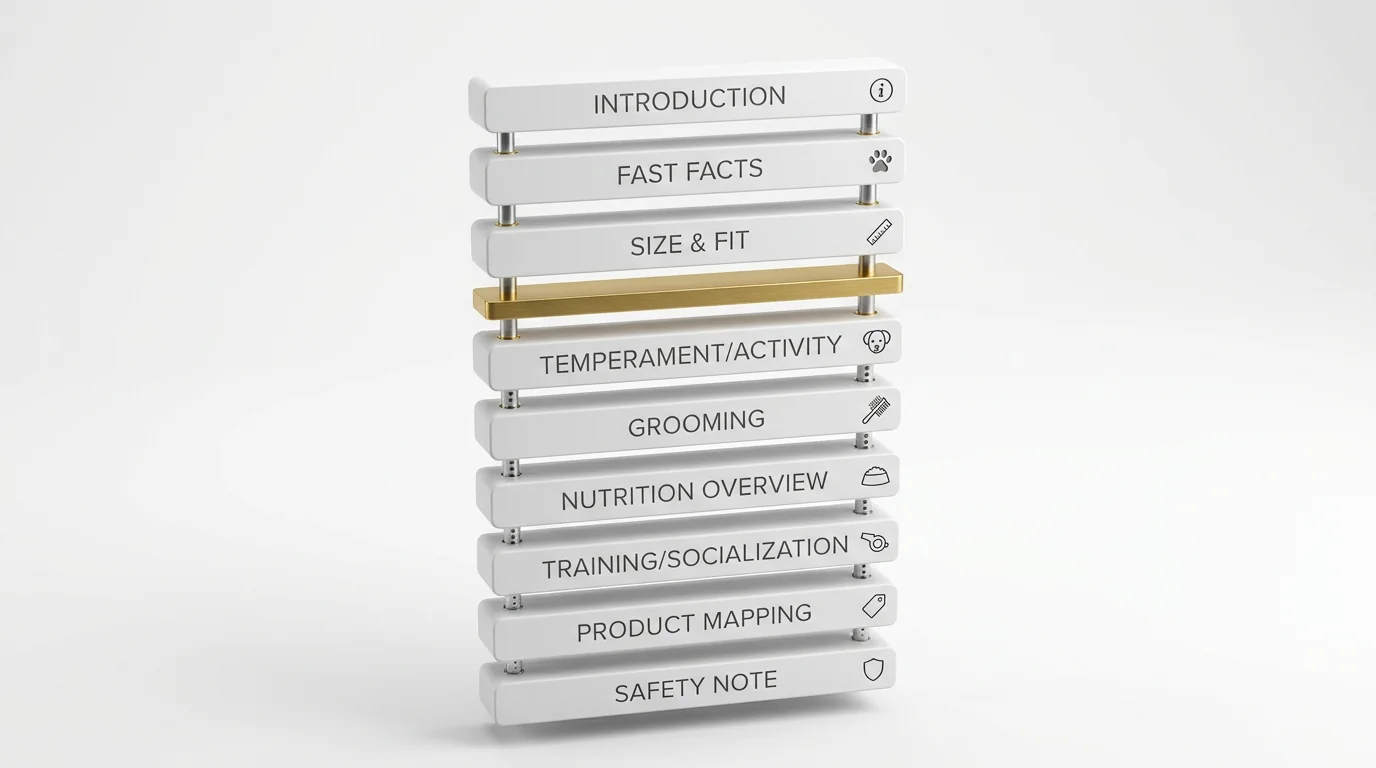 3D exploded view of modular content template blocks for pet pages. A vertical stack of floating matte-white panels labeled with subtle emboss: 'Introd