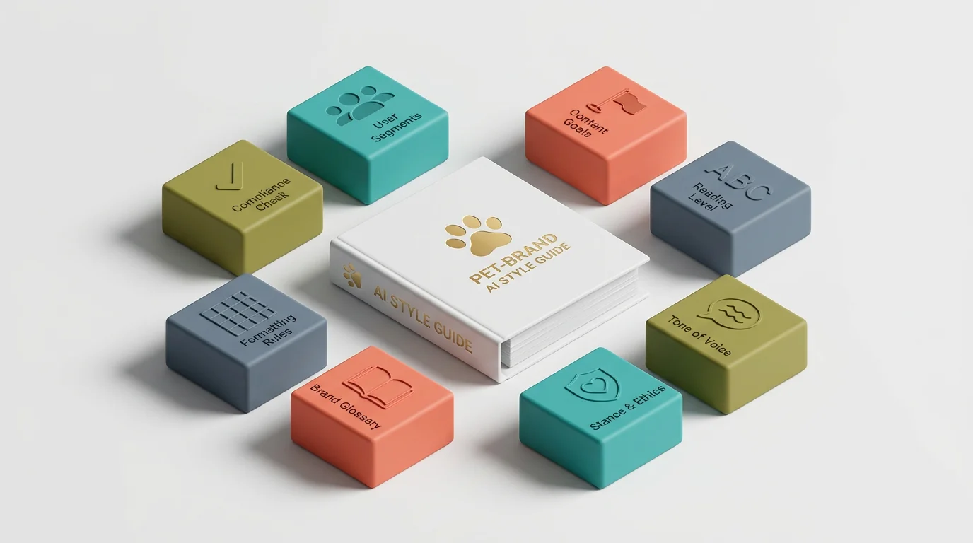 3D isometric render of a pet-brand AI style guide framework. Central matte white binder with embossed gold paw icon, surrounded by eight color-coded m